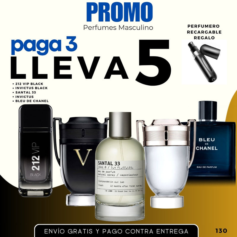 0130 - 5 PERFUMES + 1 REGALO (Invictus Black + Invictus + santal33 + vip black + bleu + perfumero)