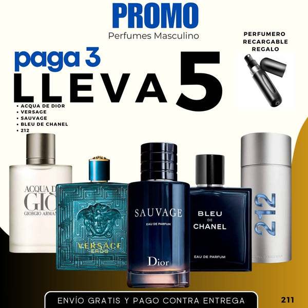 5 PERFUMES + 1 REGALO (212 - sauvage - Bleu - Versace - acqua de dior + perfumero)