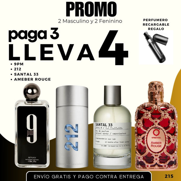 0215 - 4 PERFUMES + REGALO (212 men +9pm +Santal 33 +amber rouge)