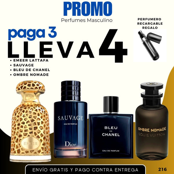 0216 - 4 PERFUMES + REGALO (Emer+sauvage+bleu Chanel+ombre nomade + perfumero)