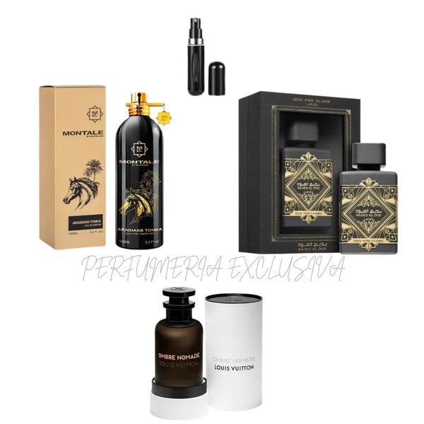 0205 - KIT 3 PERFUMES + 1 REGALO (Tonka, Oud for glory, ombre n+Perfumero)