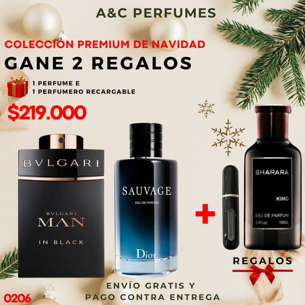 0206 - KIT 3 PERFUMES + 1 REGALO (bvulgari +Sauvage+ bharara+ perfumero)