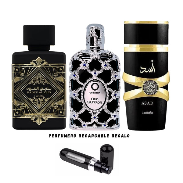 3 PERFUMES + REGALO (Lattafa Asad Orientica Oud Saffron, Lattafa Oud For Glory Mas Perfumero Recargable)