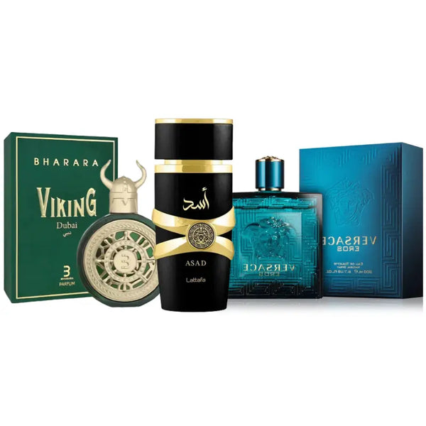 Kit 3 Perfumes Eros, Asad, Viking Dubai