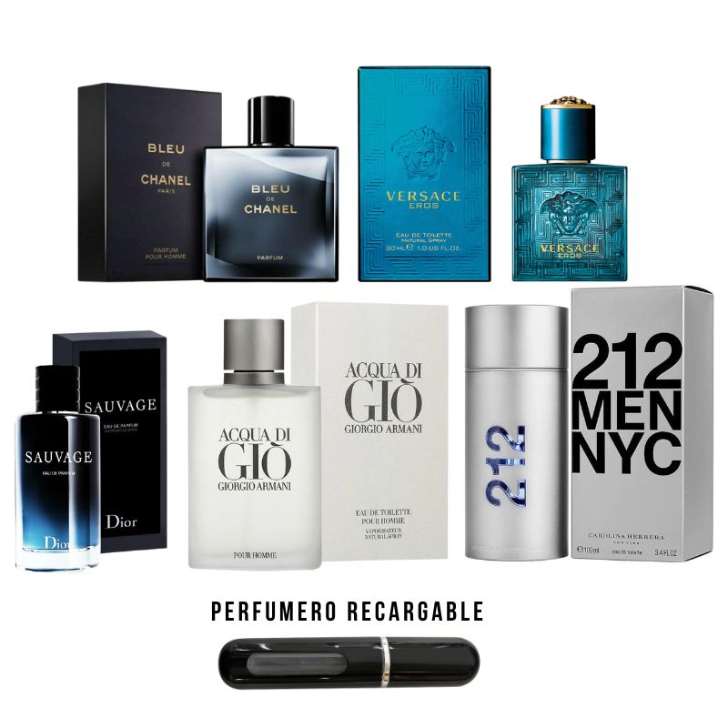 5 PERFUMES + 1 REGALO (212 - sauvage - Bleu - Versace - acqua de dior + perfumero)