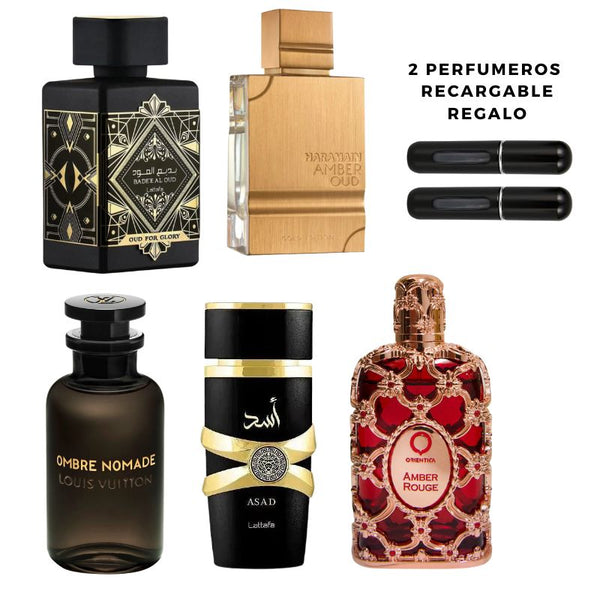 0161 -  5 PERFUMES + 2 REGALO (Asad, ombre Nomade, amber, haramain, glory + perfumero)