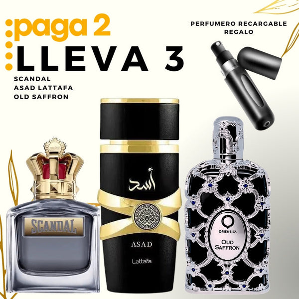 0073- KIT 3 PERFUMES + RAGALO (Saffron,Scandal Men,Asad+Perfumero)