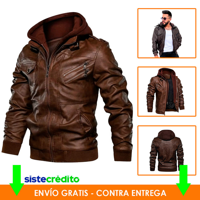 Chaqueta Premium Tipo Cuero con Capota Removible